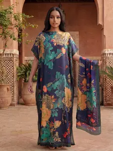 Women's Plant Print Elegant Fitted Long Dress Robe Set, Hooded Shawl + Scarf, Beach Sun Protection Silk Scarf, All Seasons Fashion