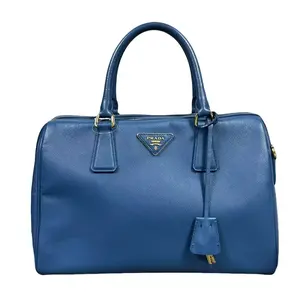 Pre-owned PRADA Leather Tote Bags Medium Boston Bag in Blue Saffiano Calfskin with Gold Tone Hardware