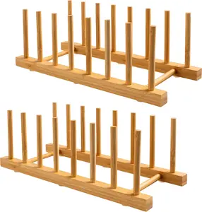 2-Pack Bamboo Wooden Dish Rack Holder Space-Saving Vertical Organizer for Plates, Cups, Pots, Lids, Bowls & Cutting Boards Kitchen Cabinet & Counter Storage