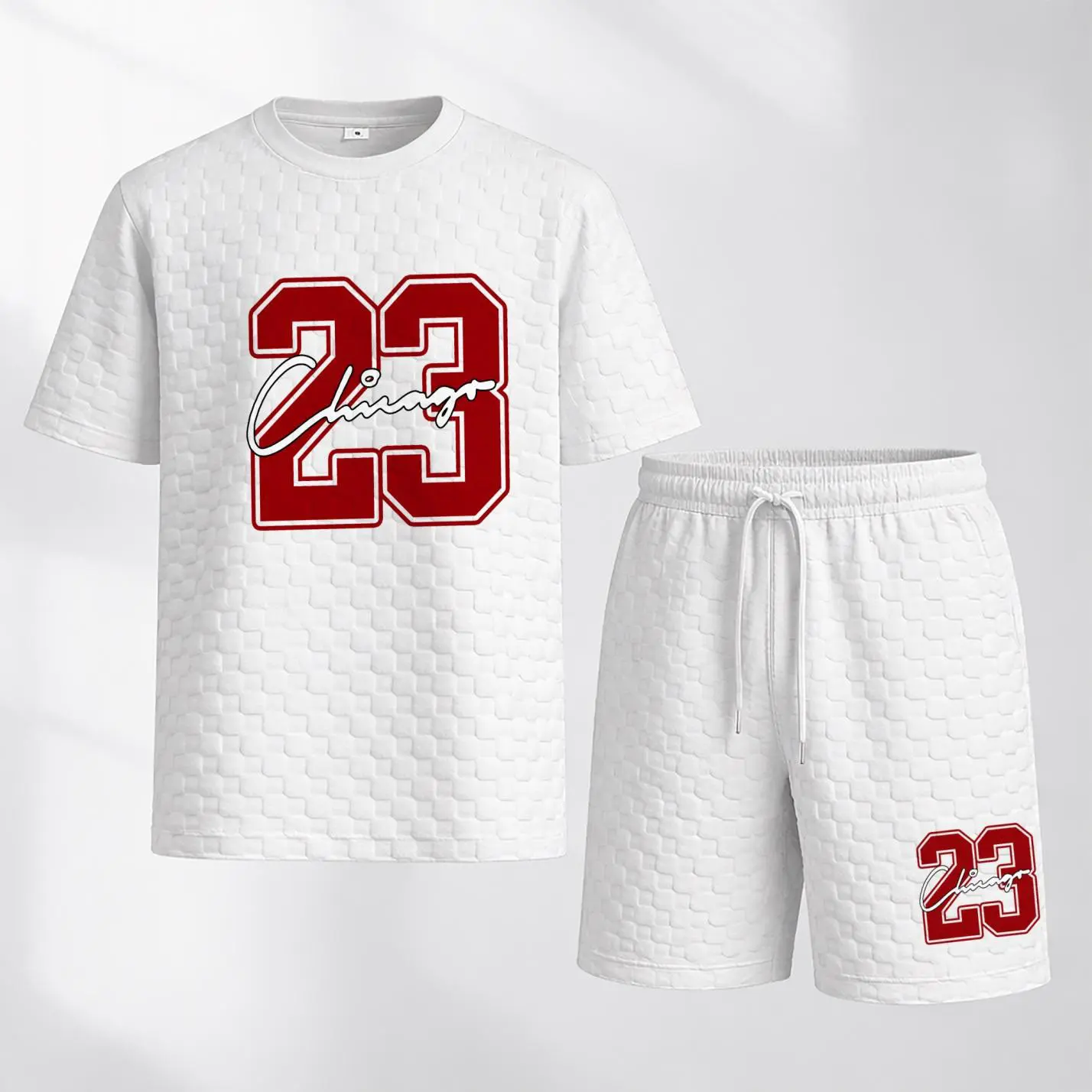 Men's Spring And Summer Chicago No.23 Print With Red And Black Line Checkered Fabric Drawstring Shorts Set, Casual Summer Outfit With Short-Sleeved Shirt And Shorts, Ideal For Everyday Wear And Sports Activities