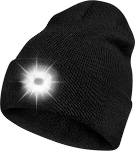 1/2 pcs LED Beanie Hat with Light, Rechargeable Headlamp Cap, Unisex Winter Warm Knitted Hats, Headlight Flashlight for Running Hiking Camping,Tech Gifts for Men Women Handyman Teens