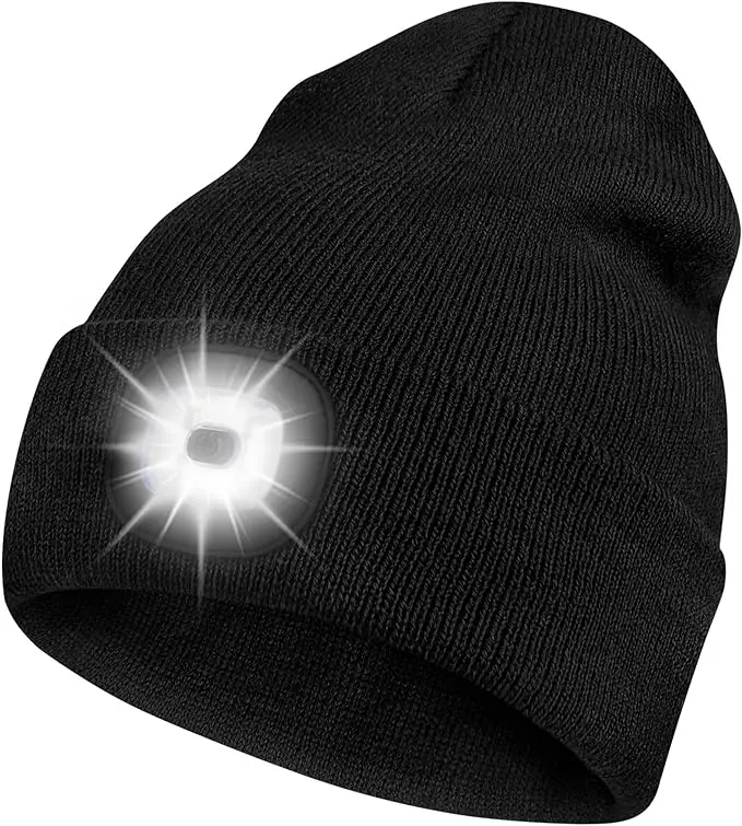 1/2 pcs LED Beanie Hat with Light, Rechargeable Headlamp Cap, Unisex Winter Warm Knitted Hats, Headlight Flashlight for Running Hiking Camping,Tech Gifts for Men Women Handyman Teens