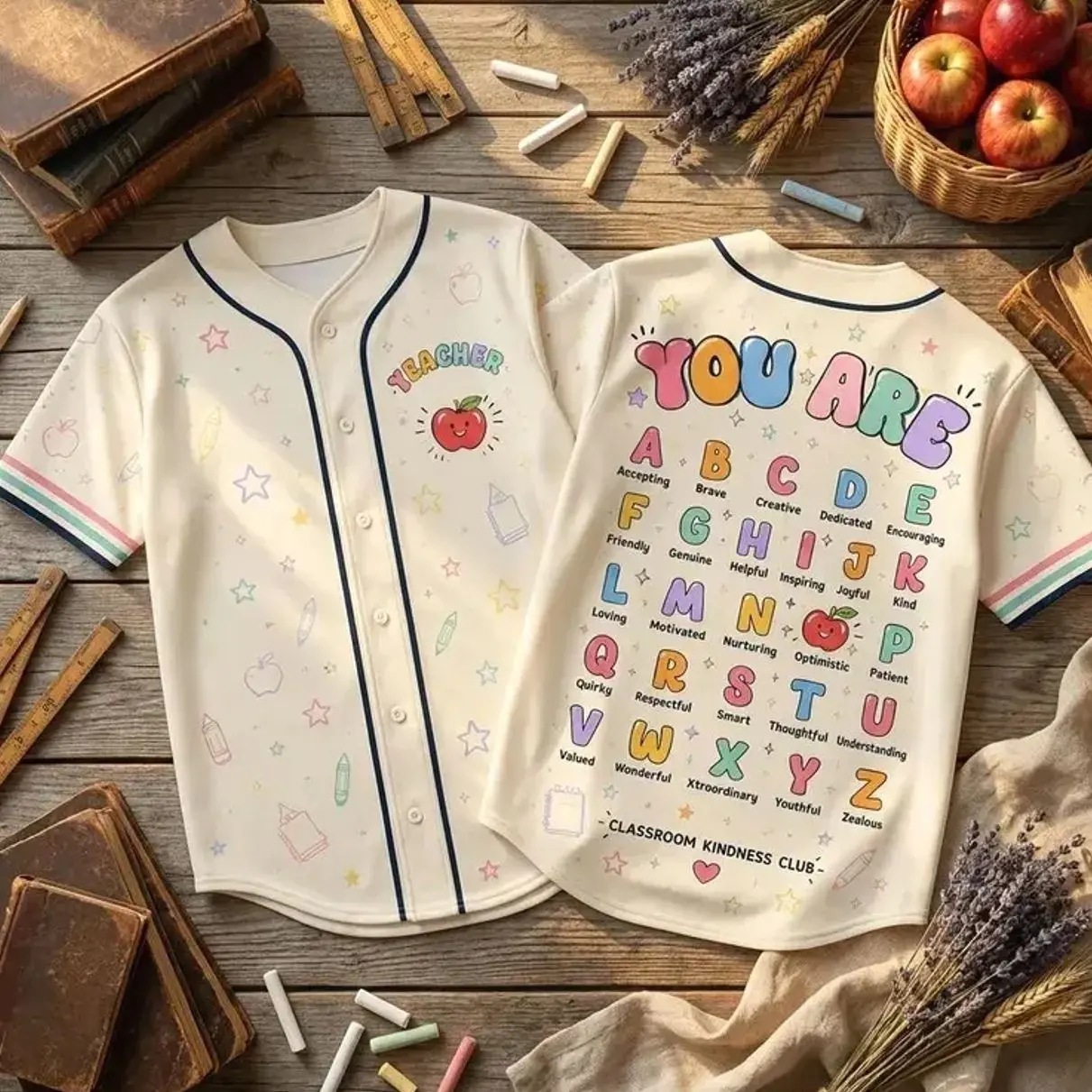 Classroom Kindness Club Alphabet Teacher Baseball Jersey, Full Print School Supply Positive Trait ABC Graphic Striped Cuff Button Up Short Sleeve Shirt, Casual Back To School Apparel For Adult