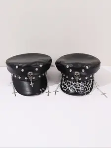 Punk Leather Newsboy Hat, Plain Pattern, Skull Cross Chain & Metal Nails, Avant-Garde Gothic Street Style, Durable Daily Wear Accessory, Structured Hat