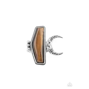 Cosmic Karma Geometric Brown Ring with Raised Silver Fitting, Tiger's Eye Costume Jewelry Accessory 2238