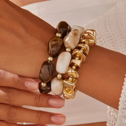 3-Piece Vintage Resin Beaded Bracelet Set, Handmade Color Block Design, Stackable Jewelry for Women, Casual Fashion Accessories, Resin Bangle Bracelet, Colorblock Bracelet, Bracelets Bangles, Beaded Bracelet Pack, Bracelet Stacks