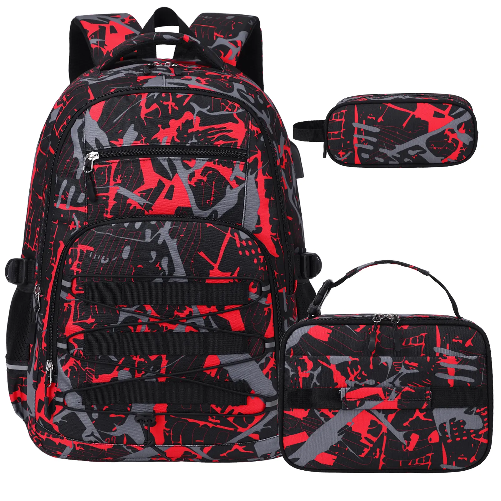 SIMILOVE Camo Backpack for Boys, Tactical Kids Backpack Boys, School Bags for Boy Children Teens Kids Elementary Middle High School, Military Bookbag and Lunch Bag Pencil Case Set with USB Charging Port