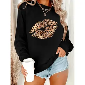 Stylish Leopard Print Crew Neck Sweatshirt - Fashion Sweatshirts for Women - Soft Casual Warm and Cozy Winter and Fal Hoodied Classic Cotton Sweaters
