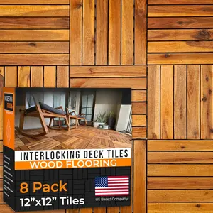 Interlocking Deck Tiles 8 Pack - Snap Together  Flooring | 12 x Acacia Hardwood Outdoor for Patio Click Floor Decking Tile Outdoors Balcony Flooring, Wooden Parquet