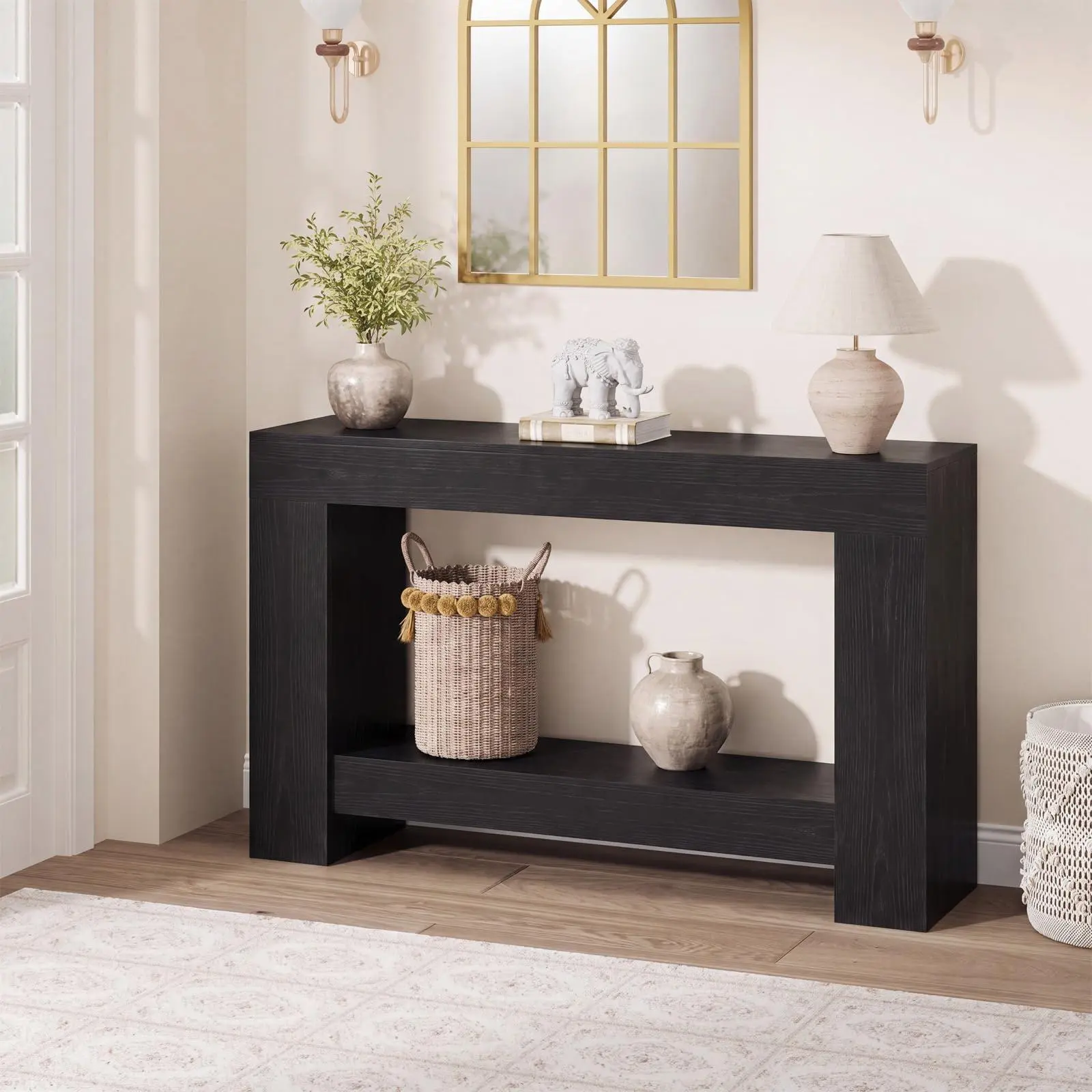 Gaomon 47-Inch Farmhouse Entryway Table with Farmhouse Look, Black Rustic Wood 2-Tier Console, Heavy-Duty Sturdy Base Accent Table for Living Room Foyer with Storage Shelf