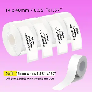 4 rolls of 14 x 40mm thermal label printing paper, with an additional 1 roll of continuous format label stickers for a total of 5 rolls, compatible with D30/D35/L1/P12/P15 label printers, smooth printing, suitable for home storage and commercial labels