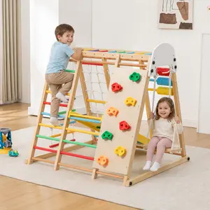 Foldable Natural Wood Kids 9‑in‑1 Playset, Heavy‑Duty Climbing Frame with Slide Swing Monkey Bars Abacus, 176 LBS High Load Bearing Indoor Outdoor Activity Center for Kids Ages 3+