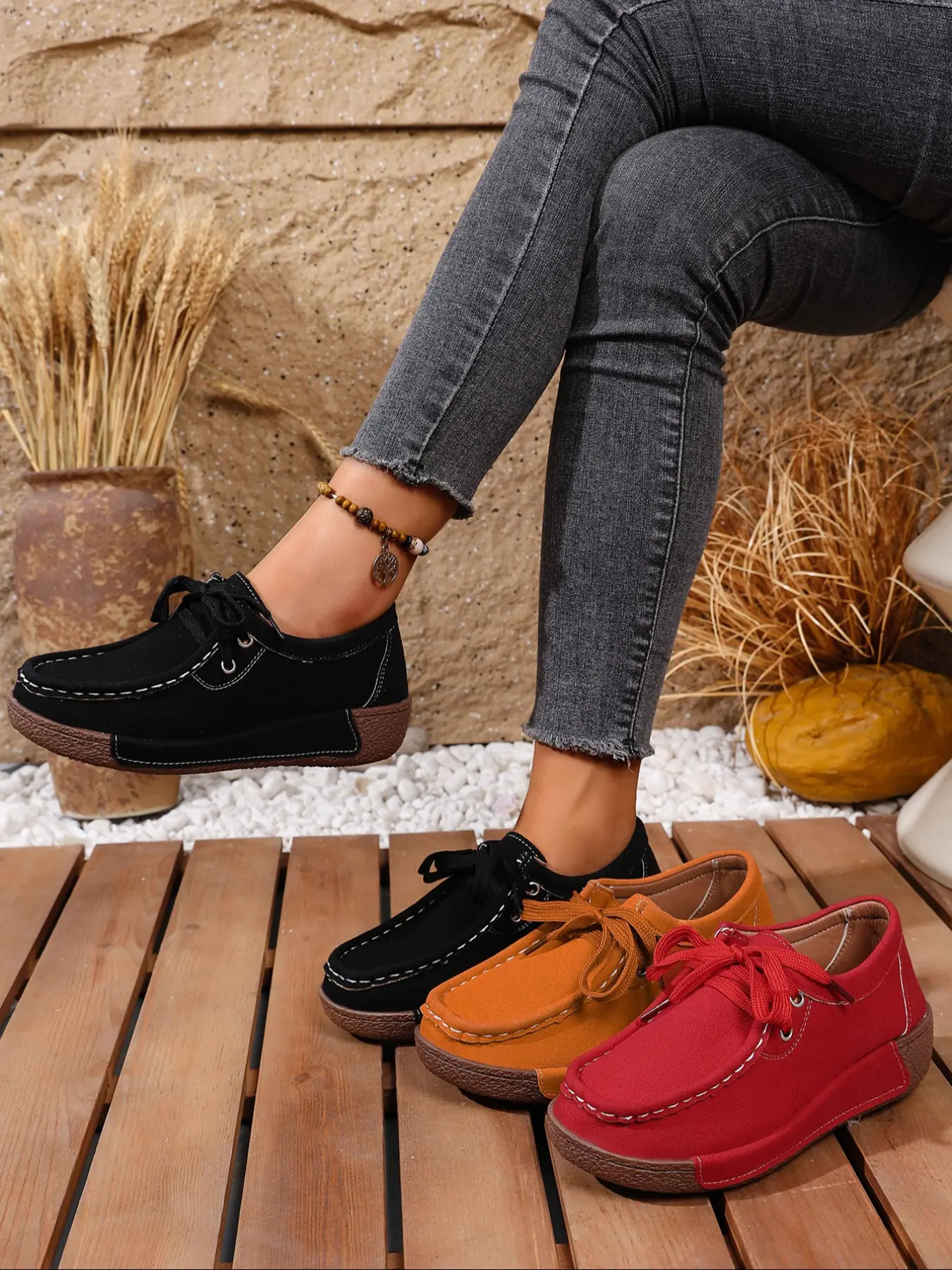 Women's Casual Easy Breezy Loafers Thick Sole Lace-Up Flats, Fashionable Large Size Slip-On Shoes, Comfortable Low Heel Sneakers for Daily Wear Walking Shoes Footwear, Everyday Wear Footwear