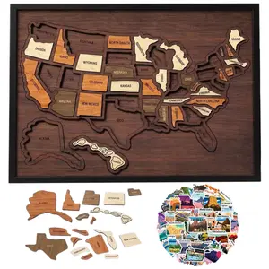 Wooden Travel Map Puzzle - Journey Tracker Pin Board with 50 Bonus Travel Stickers, Home & Classroom Wall Art Decor for Couples & Families (1 Set)