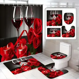 1/4-piece Valentine's Day shower curtain set with red wine and rose design, includes a non-slip mat, U-shaped rug, and toilet seat cover. Perfect for bathroom decoration. Comes with 12 shower curtain hooks, Shower Essentials
