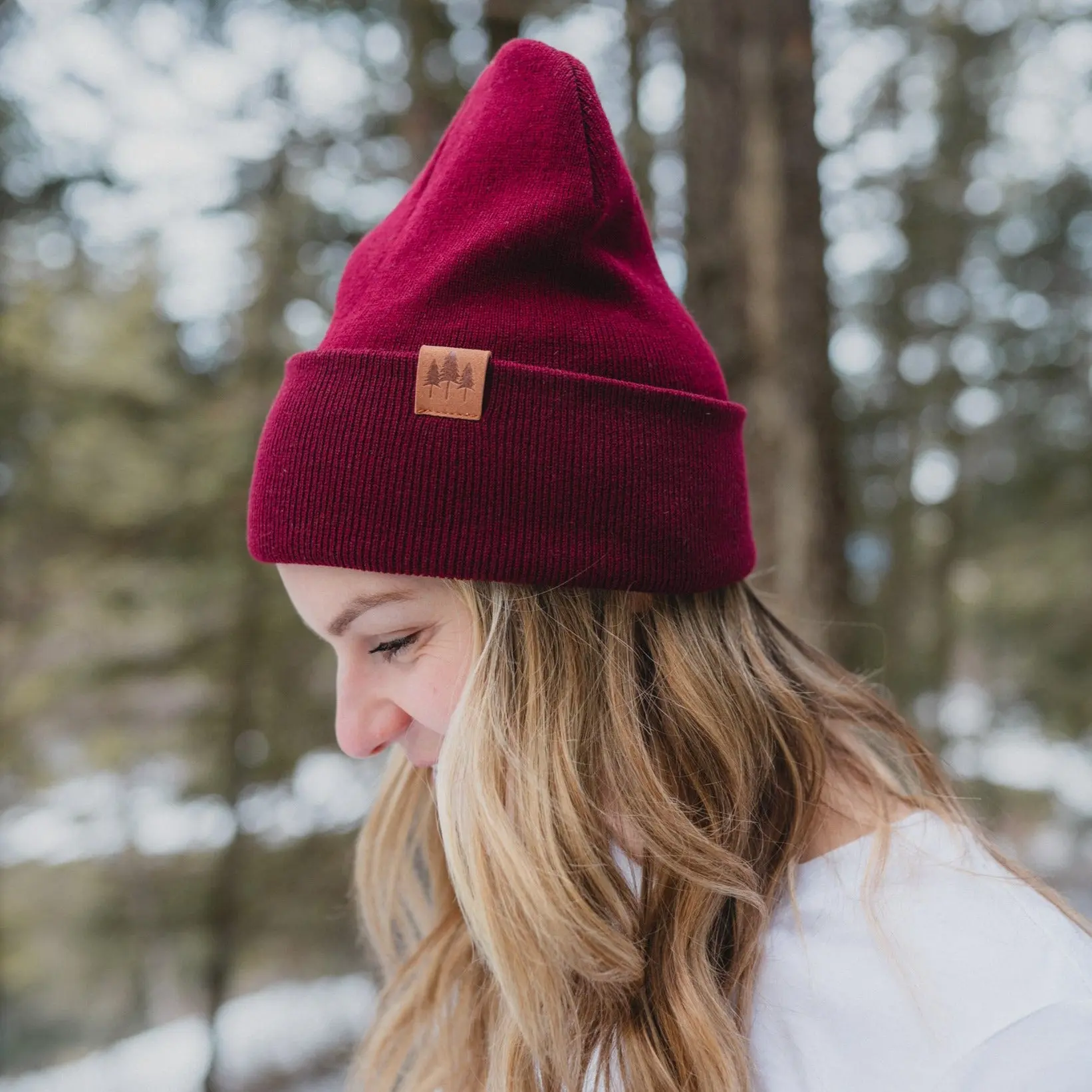 Three Tree Foldover Beanie - Burgundy