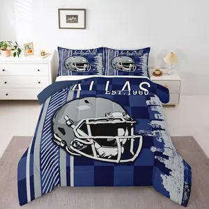 Football Boys Comforter Set,Football Sports Game Down Comforter,Rugby Ball Fan Helmet Bedding Sets,Grey Blue (Dallas) Bedroom Decor