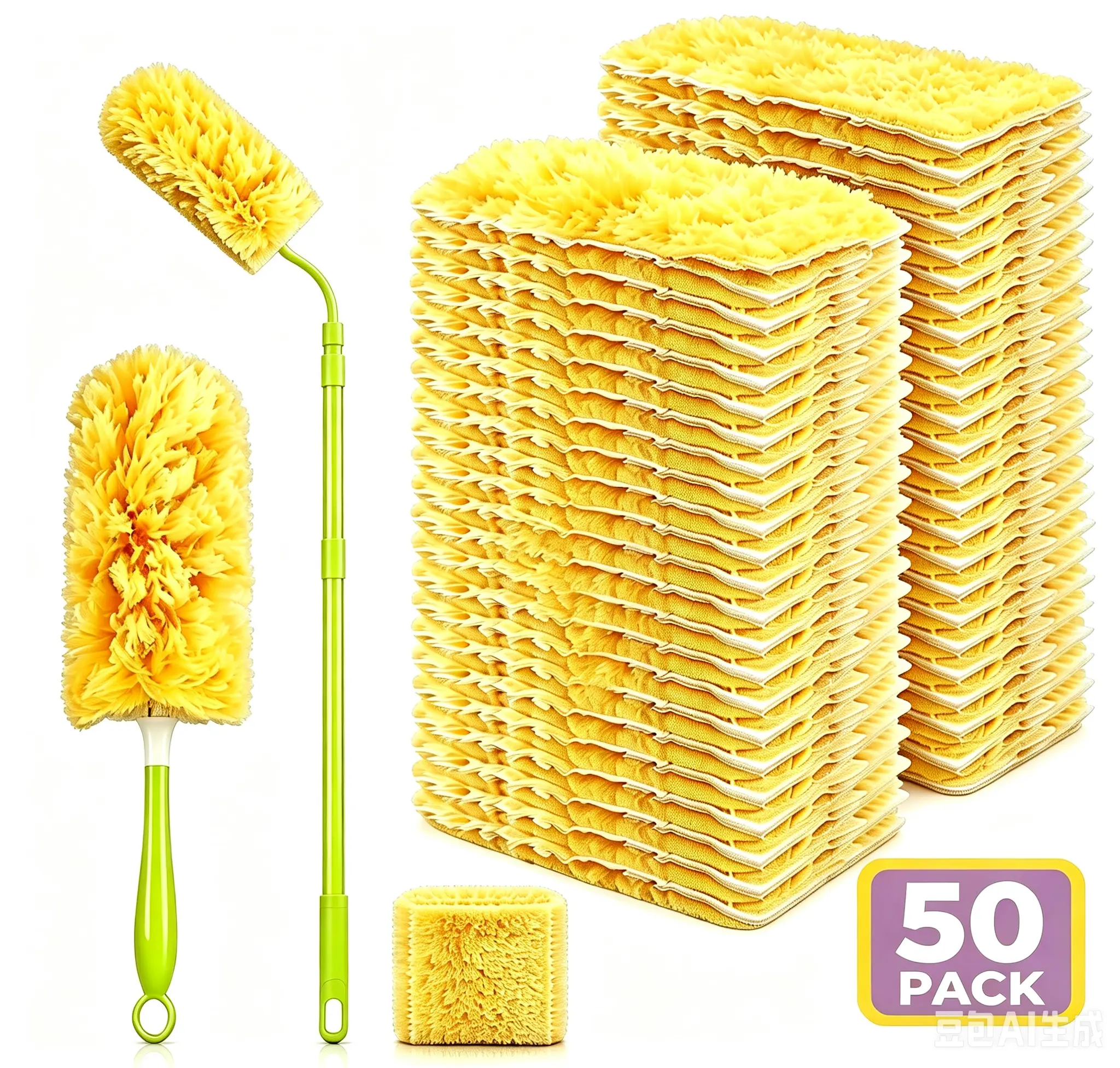 50 Count Heavy Duty Duster Compatible with Swiffer Duster, Disposable Microfiber Duster Refills with 1 Short Handle and 1 Extendable Handle Knickknacks Durable Cleaning
