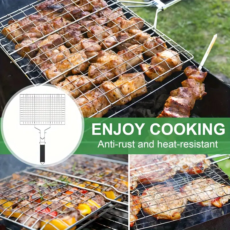 Folding Mesh Grill Basket with Long Handle for Cooking Fish, Vegetables, and Steaks, Christmas Present and Gift for Him, Gift For Dad Christmas Present, Stainless Steel, Barbecue Grill, Outdoor Grill