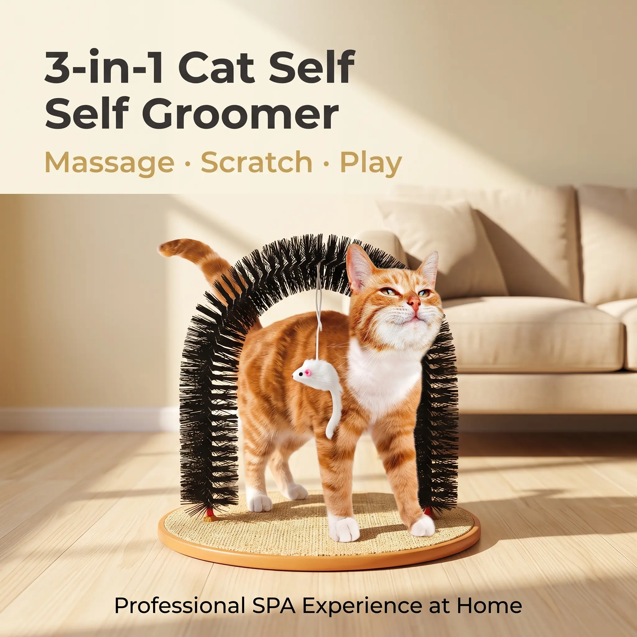 Reduce Shedding Fast! 3-in-1 Cat Self Groomer Arch Brush & Corrugated Scratching Pad with Hanging Fish Toy | Anti-Tip Durable Cardboard Base | Self Massage for Indoor Long & Short Hair Cats