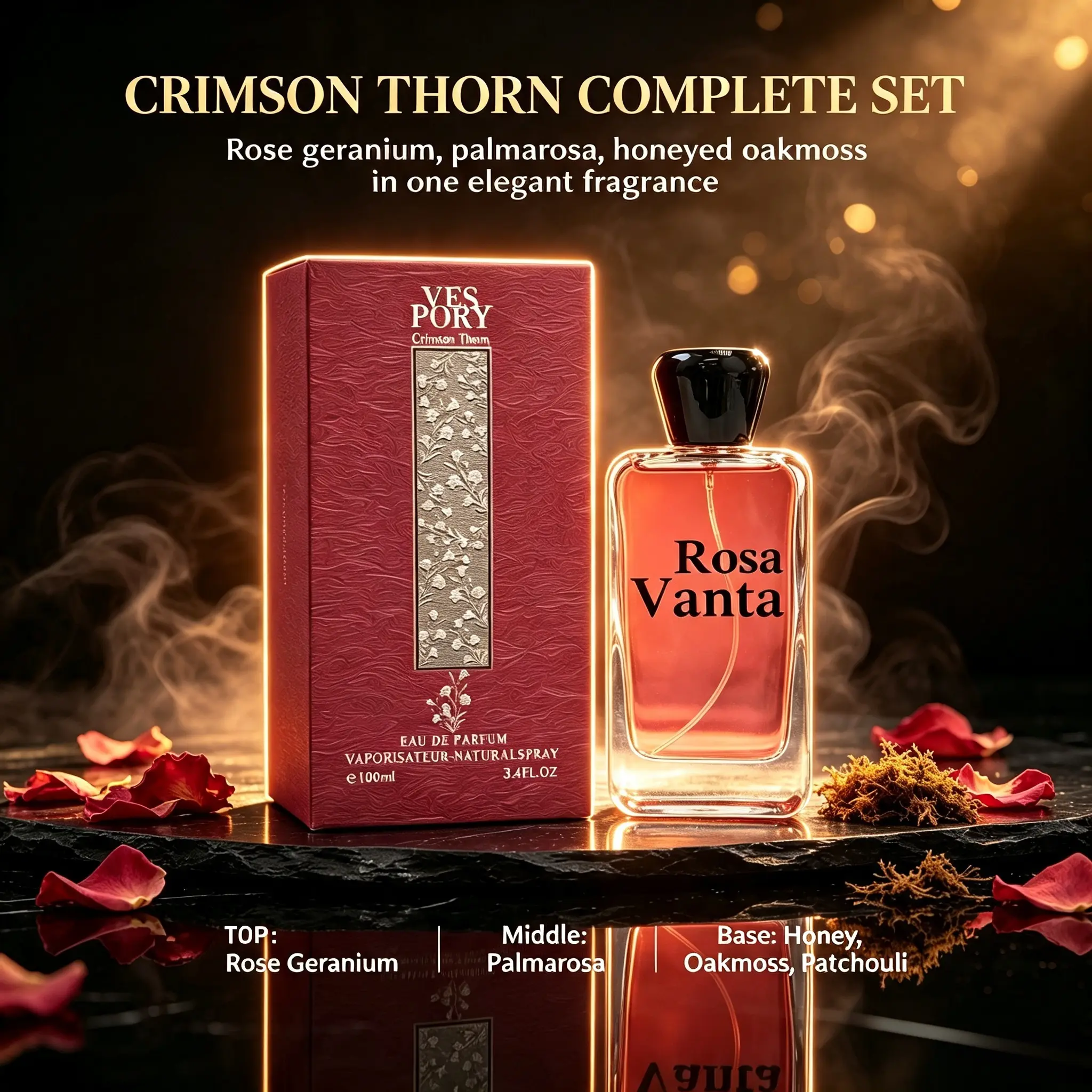 VESPORY Crimson Thorn Eau De Parfum 100ml 3.4oz | Floral Oriental Perfume for Women, Top Rose Geranium, Middle Palmarosa, Base Honey Oakmoss Patchouli, Long Lasting Elegant Fragrance