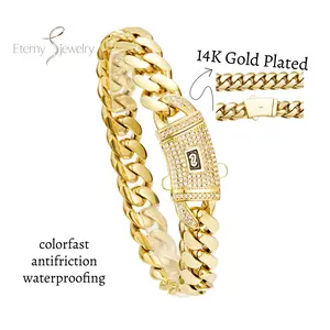 14K Real Gold Plated Miami Cuban Link Chain Bracelet The New Gold-Plated Craftsmanship Waterproof Fade-Resistant Non-Allergenic Hypoallergenic Material Thickened Link Chain Hip-Hop Jewelry for Men Women Valtentine's Day Gift