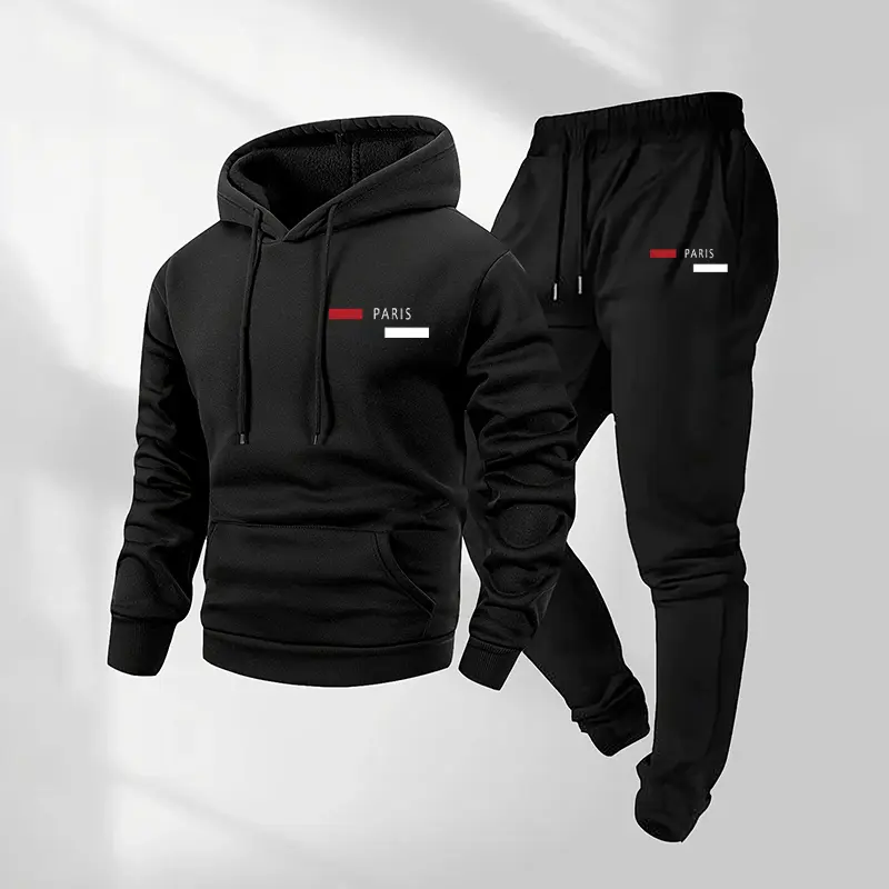 Men's Yoga Tracksuit Set, 2-Piece Sporty Chic Paris Letter Print Polyester Athletic Activewear with Long Sleeve Hoodie, Casual Workout Loungewear, Athletic Activewear Tracksuits, Athleisure, Workout Running Clothes