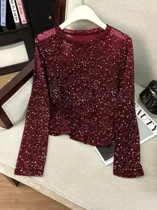 Fashionable Sequined Transparent Long Sleeve T-Shirt Top for Women, Casual Daily Wear, for Going Out
