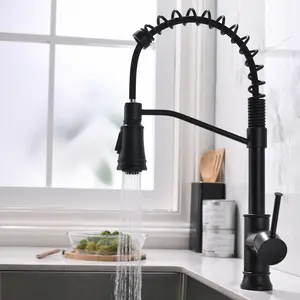Black Kitchen Faucet with Pull Out Sprayer, Brass Kitchen Sink Faucet, Single Handle Stainless Steel Kitchen Faucet with Dual Rotatable Spouts, 360° Swivel Aerated Stream & Powerful Spray for Kitchen Sink