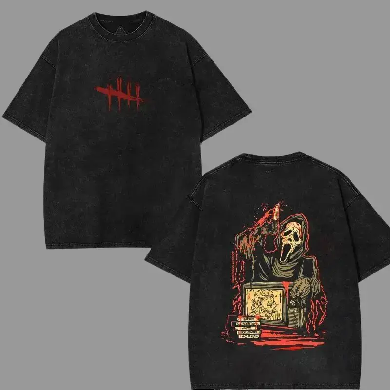 Ghost Face Horror Vintage Acid Wash T-Shirt, Double Sided Graphic Oversized Unisex Tee, Retro Scary Movie Streetwear, Horror Fan Casual Cotton Top for Halloween