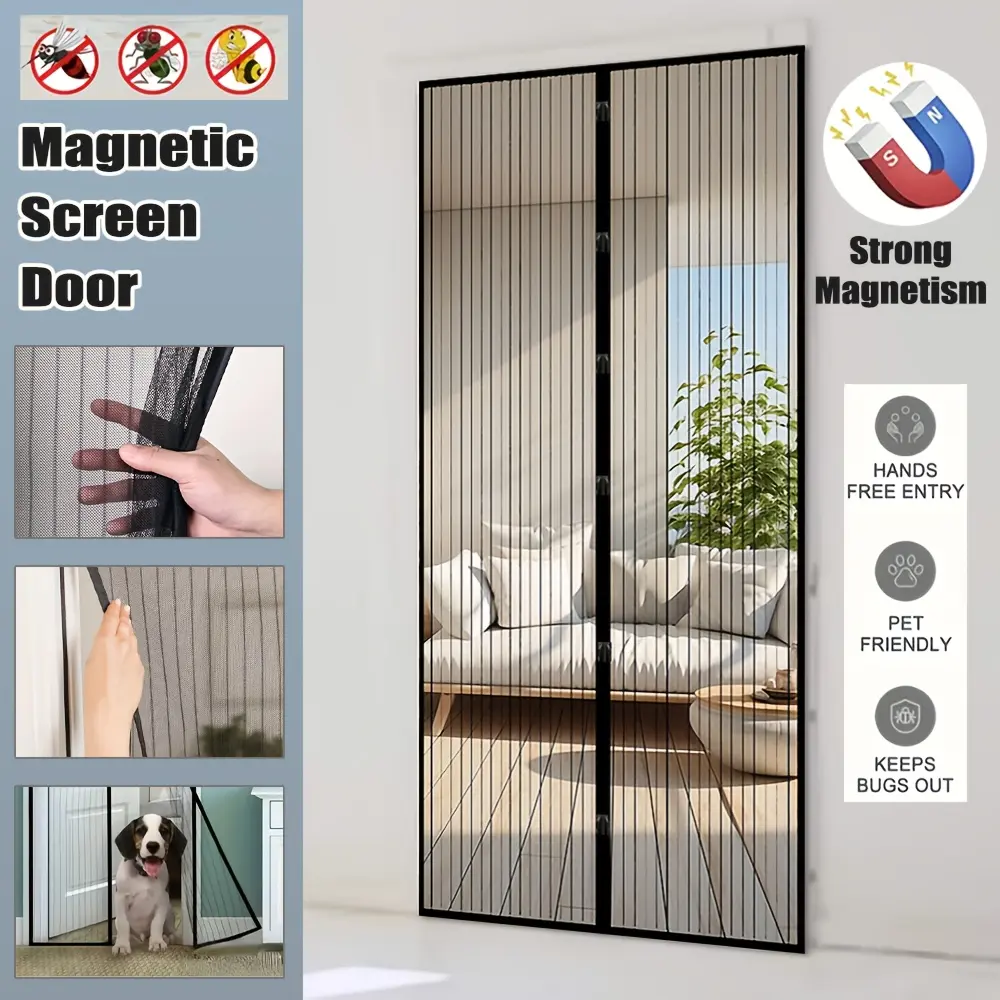 Magnetic automatic door curtain, Magnetic screen door suitable for mesh, self closing with ventilation barrier, magnetic panel and adhesive backing easy to install, pet friendly, insect proof design suitable for bedrooms and living rooms