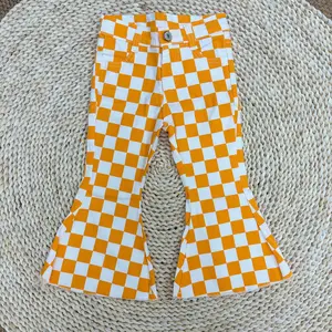 Baby Girls' Orange Checkered Stretchy Bell Bottom Flare Denim Jeans Pants