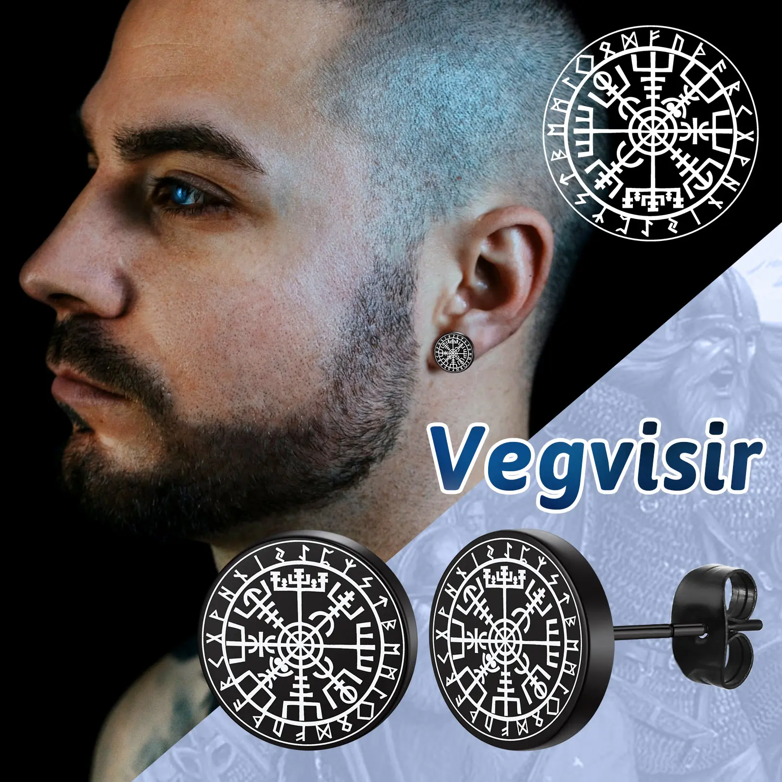 FaithHeart Norse Viking Earrings Studs 2 Pairs Compass and Celtics Set