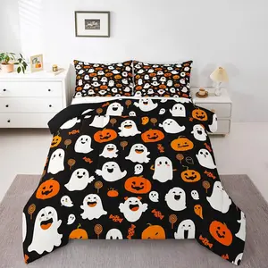 Pumpkin Lantern Full Size Luxury Bedding Set,Decoration Ghost Spider Designer Comforter Set,Kawaii Halloween Duvet Set,Black Cute Breathable Quilt Set