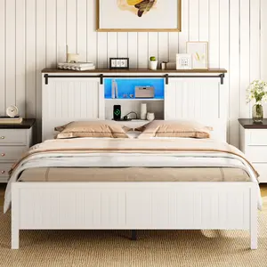 Farmhouse Bed Frame with Storage Bookcase Headboard, LED Lights, Charging Station, 2 Sliding Barn Doors, No Box Spring Needed – Queen Size – Walnut+White