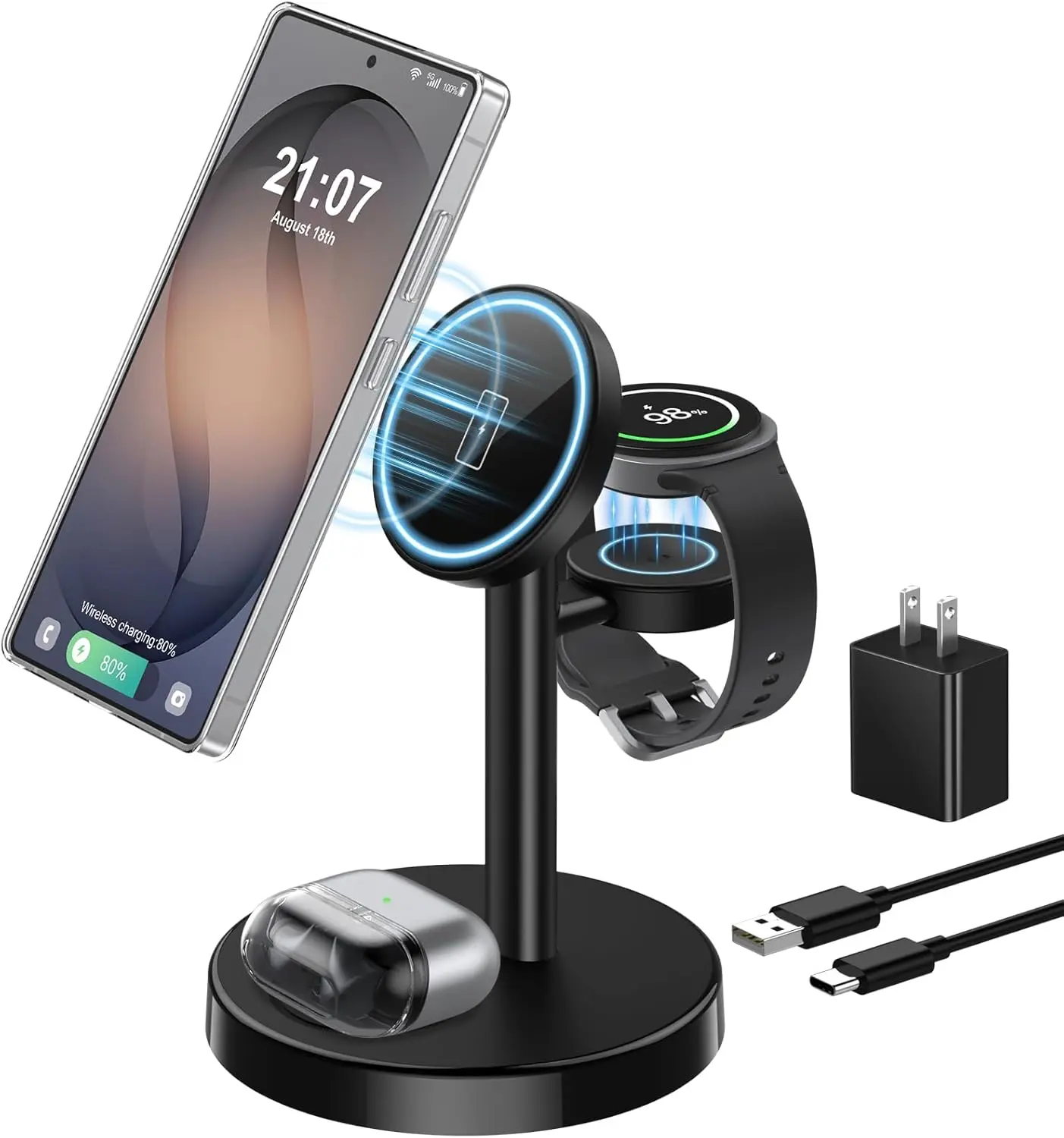 Aeinidi 3-in-1 Magnetic Wireless Charger, Super Fast Charging Station Compatible with MagSafe, Samsung S26 Ultra/S25 Z Fold/Flip 7, Galaxy Watch Ultra 8/7/6 & Galaxy Buds 4/3 Pro (Fast Chargers for Samsung Devices)
