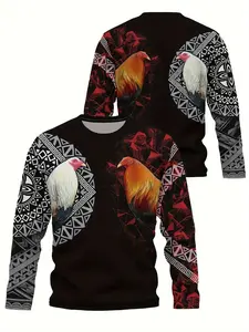 Men's Long Sleeve Casual Sporty Fitting Cut Round Neck Shirt, Aztec Mexican Rooster Print Design, Spring & Fall Comfortable Knit Fabric, Knitted
