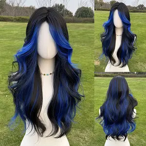 SMILCO/28Inch Highlight Blue with Black Long Wavy Synthetic Wig/SM1682 SMILCO/28Inch Highlight Blue with Black Long Wavy Synthetic Wig/SM1682
