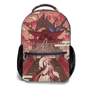 Shoulders Bag Student Schoolbag Childrens Schoolbag High Quality Schoolbag Gift For Anime Japanese Torii Gate And Fox God Art Print Durable Fabric With Mesh Side Pockets For Students And Anime Fans