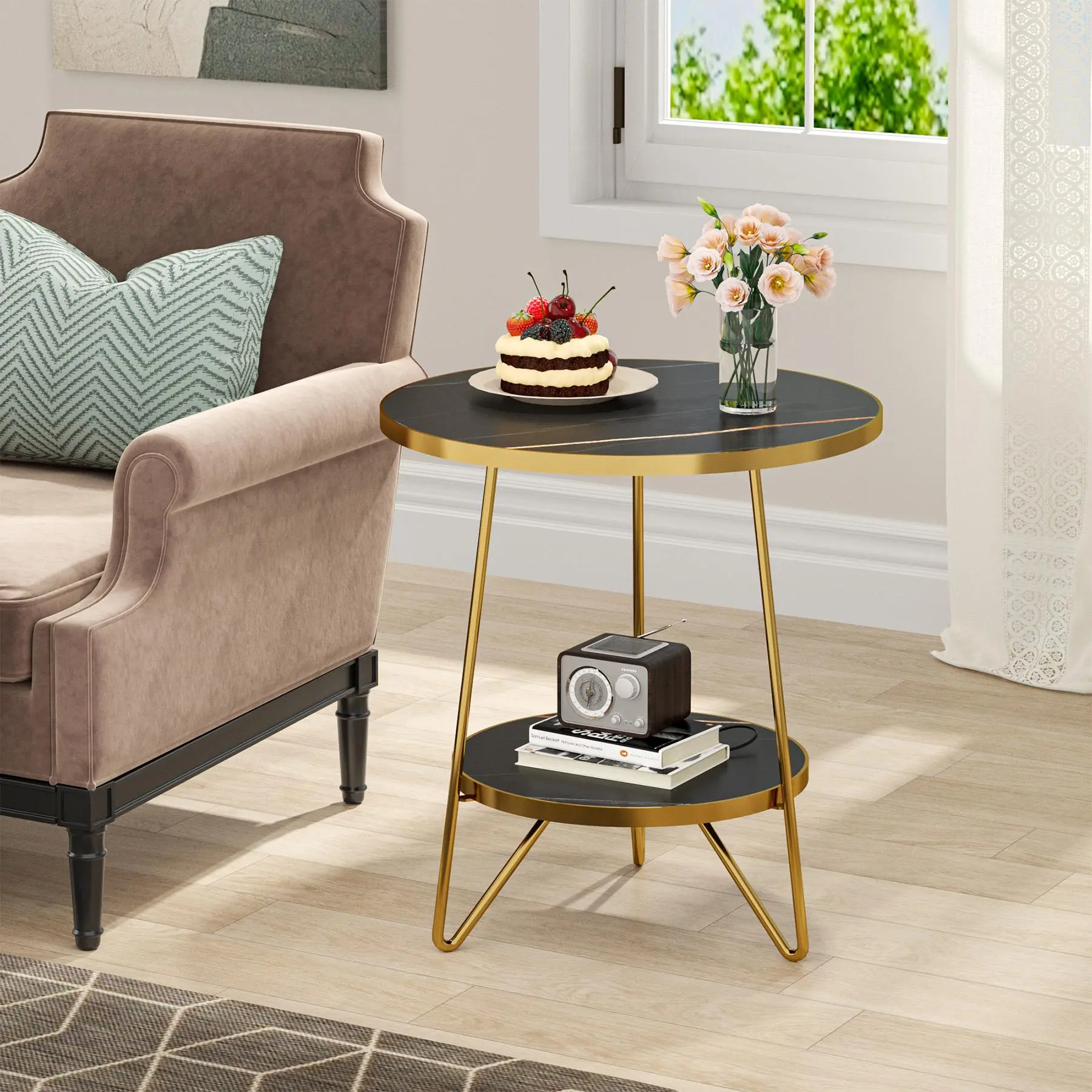 TRIBEWOOD Modern Compact Indoor Metal Faux Marble Top End Table - Dual Layers 2-Tier Round Side Table with Shelves, 18.7’’L x 18.7’’W x 21.6’’H Black Nightstand for Tiny Apartment, Modern Home Decor, Cocktail Hour, All Tools Included, Assembly Required