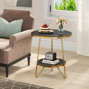TRIBEWOOD Faux Marble End Table, 2 Tier Round Side Table with Shelves, Modern Black Nightstand Bedside Table Small Coffee Accent Table for Living Room Bedroom
