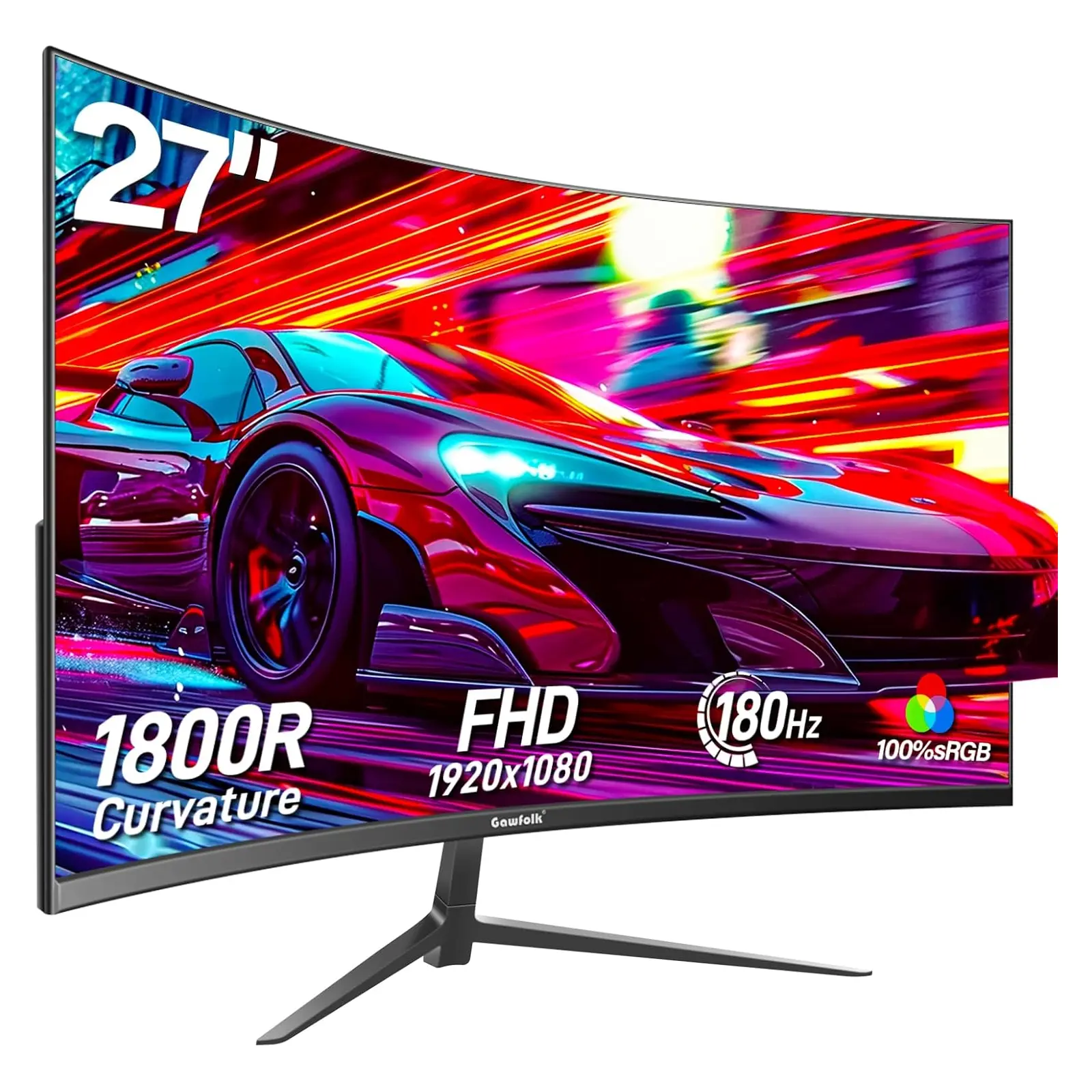 Gawfolk 27" 1800R Curved Gaming Monitor, FHD 1080P 1920×1080 Resolution, 180Hz/100Hz Refresh Rate, 1ms Response Time, Adaptive Sync, 100% sRGB, Built-in Speakers, HDMI/DP Ports, VESA Wall Mountable Computer Monitor, Monitors