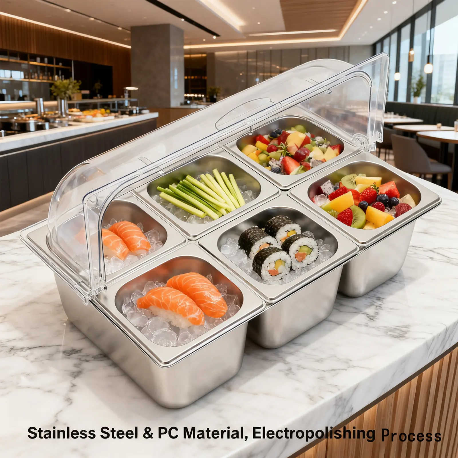 Multipurpose Food Organizer Insulated Ice Tray Set - 6-Pan 1.45L Sturdy PC Stainless Steel Reusable Snack Box, Stackable Modern Market Commercial/Hotel Furniture Essential for Sashimi Sushi