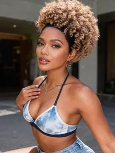 Afro Wig Short Kinky Curly Wig Headband Wigs for Women Wrap Wig 2 In 1 Ombre Blonde Wig 10 Inch Synthetic Headband Wig for Daily Wear Natural Looking Wig Synthetic Machine Wigs