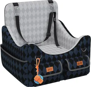 Dog Car Seat for Small & Medium Dogs Up to 35lbs, Memory Foam Booster Seat with 4 Storage Pockets, Detachable & Washable Pet Car Seat with Safety Belt, Indoor & Outdoor Use
