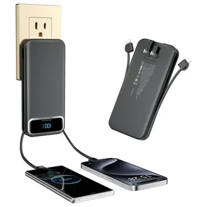 Portable-Charger Power-Bank with Built-in Cables & AC Wall Plug - 12000mAh PD 20W Fast Charging for iPhone,Android, USB-C,Rechargeable External Battery Pack for Cell Phone,Type C cords,Travel