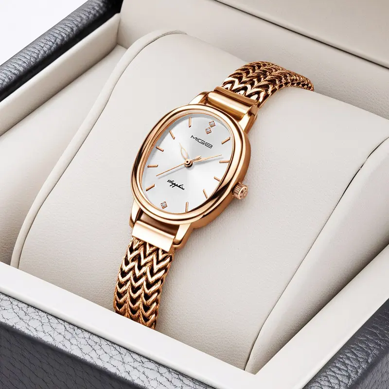 MIGE Women's Quartz Watch - Rose Gold Oval Dial, Intricate Bracelet Band with Sapphire & Diamond Accents fully automatic waterproof quartz watch