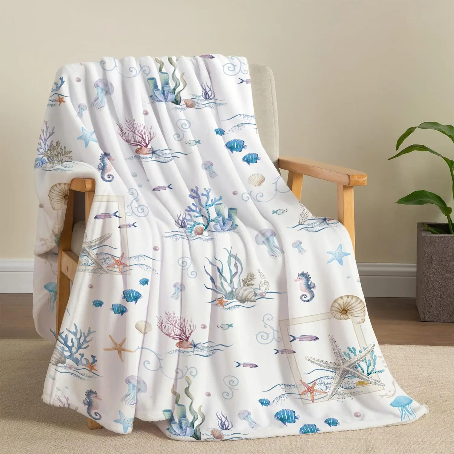 Flannel Fleece Coastal Ocean Throw Blanket - Watercolor Coral, Seashell, Starfish Design, Modern Nautical Style, Soft, Durable, Breathable, Wrinkle & Fade Resistant, Machine Washable, Lightweight Plush 50"X60" Bedroom/Sofa Cover, Napping Sofa Blanket, Sof