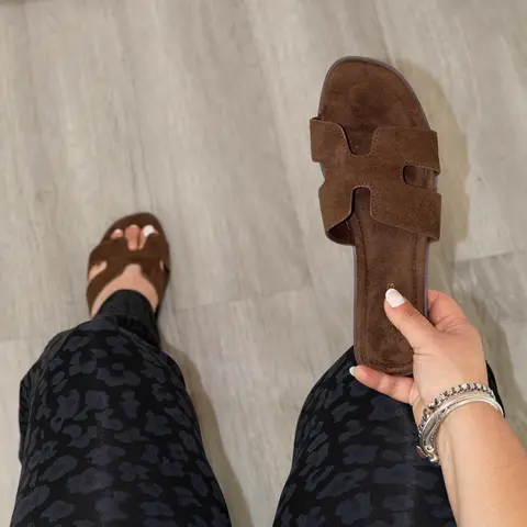 Grecia - Women’s Faux Suede Square Toe Slide Sandals, Comfortable Flat Walking Shoes, Lightweight Casual Open Toe Footwear for Everyday Wear, Vacation, Travel & Relaxed Summer Outfits