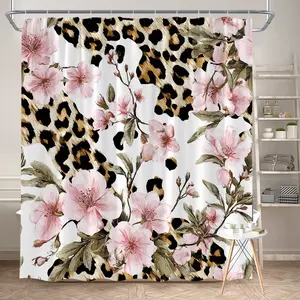 1Pc Floral Leopard Print Shower Curtain Polyester Fabric Bathroom Decor Bathtub Divider Curtain with 12 Hooks 70.8x70.8 Inch Elegant Design for Modern Home Interior